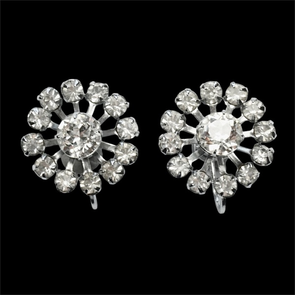 Silver Tone and Rhinestone Screw Back Earrings